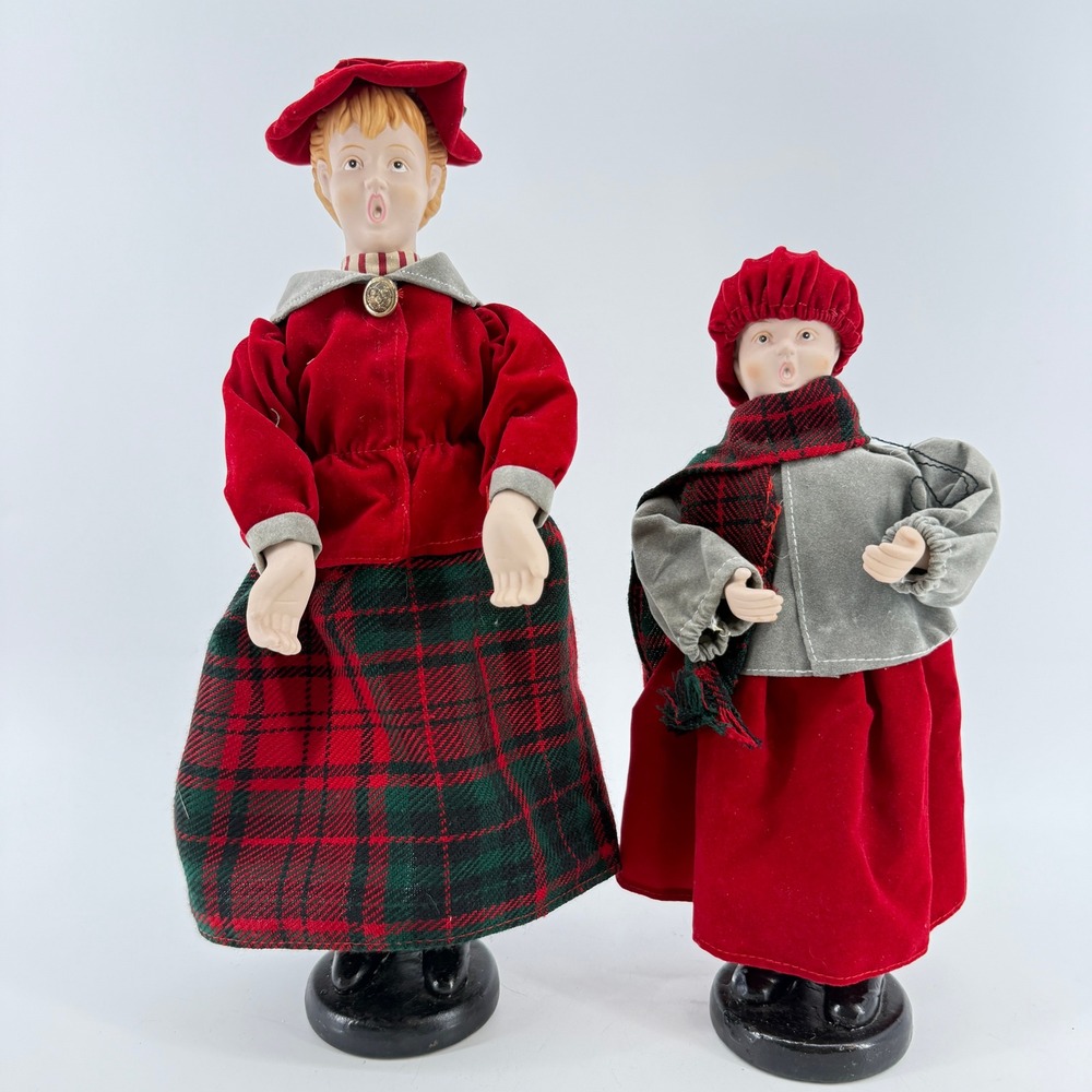 Victorian Christmas Caroler Figurines Ceramic-Faced Caroler Dolls Wooden Bases